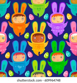 Colorful Easter Seamless texture with cute children at bunnies costumes, colorful eggs. Can be used as Easter wallpaper or wrapping paper for holiday gifts. Vector isolated on dark blue background