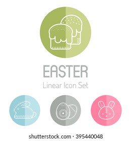 Colorful Easter set (Easter bunnies, colored eggs and simnel cakes). Flat round badges with outlined icons. Minimalistic business style, soft color palette and creative ethnic style of images
