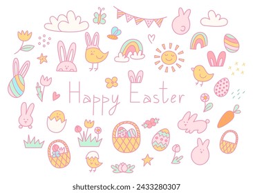 Colorful Easter set, bunny, chicken, egg hunt, bunny ears, easter eggs, sun, basket, rainbows, flowers, cute line illustrations, decor elements