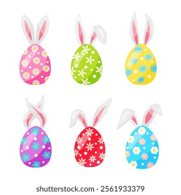 colorful easter set of multicolored eggs with bunny ears. hand drawn. vector