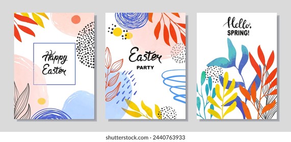 Colorido conjunto de carteles, tarjetas o volantes de Pascua. Plantillas vectoriales con formas abstractas y plantas de primavera