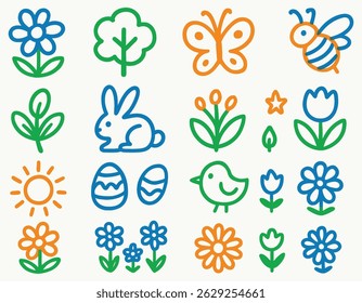 Colorful Easter and Spring Icon Set with Flowers, Bunny, Eggs, Butterfly and Bird in Doodle Style