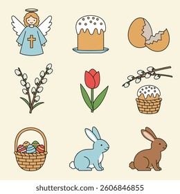 Colorful Easter and Spring Icons – Aesthetic Set of Symbols Representing Easter Eggs, Bunny, Church, Spring Nature, and Christian Crosses. Perfect for Seasonal Designs, Prints, and Digital Use
