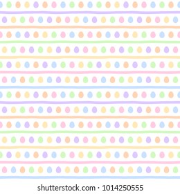 Colorful Easter, spring seamless vector pattern. Stylized tiny eggs and doodle style uneven stripes, streaks, bars regular texture. Simple multicolor Easter background. Soft pastel colors template.