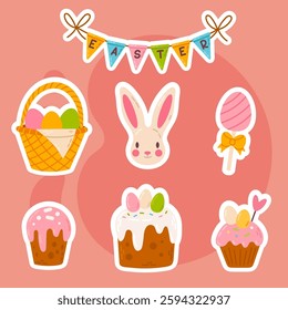 A colorful Easter sticker set featuring a bunny, festive cake, basket with eggs on a pink background. Ideal for holiday decorations and greeting cards.