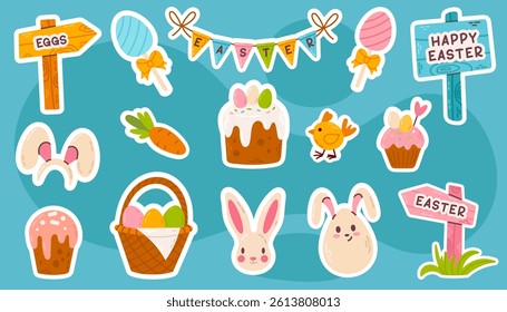 Colorful Easter stickers set in cartoon style. Includes bunny ears, eggs, cakes, carrot, basket, birds, and holiday signs. Perfect for spring and Easter-themed designs.