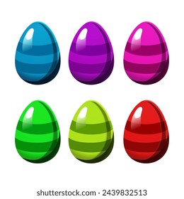 Colorful Easter striped eggs on white background. Illustration in flat style. Vector clipart for design of card, banner, flyer, sale, poster, icons