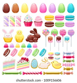 Colorful easter sweets icons set vector illustration - colorful eggs, chocolate bunny, macarons, cookies, cakes, cupcakes, marshmallow, candies