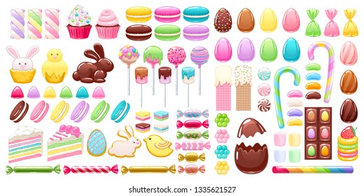 Colorful easter sweets icons set vector illustration - colorful eggs, chocolate bunny, macarons, cookies, cakes, cupcakes, marshmallow, candies