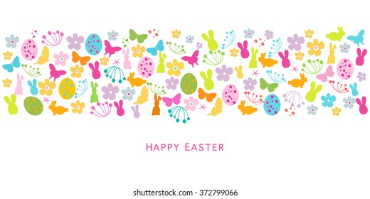 Colorful Easter symbols border design greeting card
