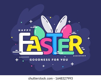 Colorful Easter Text with Eggs and Bunny Ear on Blue Background.