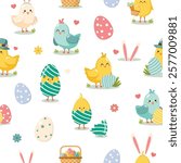 Colorful easter themed cute chicks birds seamless pattern. Happy Easter concept.