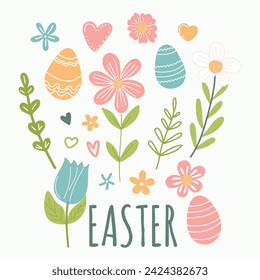 Colorful Easter Themed Illustration Featuring Eggs, Flowers, and Springtime Motifs