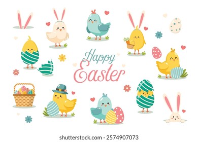 Colorful easter themed vector illustration with cute chicks birds. Happy Easter concept.