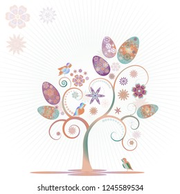 Colorful easter tree with eggs, birds and flowers isolated on white background. Editable, can be used on invitations,cards etc. Vector and raster format available.
