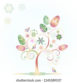 Colorful easter tree with eggs, birds and flowers isolated on white background. Editable, can be used on invitations,cards etc. Vector and raster format available.