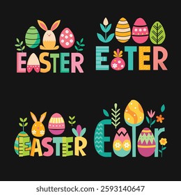 Colorful Easter Typography with Decorative Eggs, Bunnies, and Flowers on Black Background.