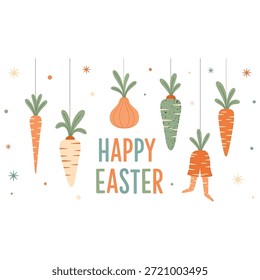 Colorful easter vegetables and happy easter text on with confetti easter day