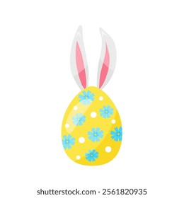 colorful Easter yellow egg, with flowers, with bunny ears. hand drawn. vector