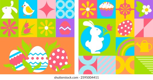 A colorful Easter-themed horizontal banner featuring rabbits, flowers, a chick, and geometric patterns in a bright modern style. Perfect for web headers and prints.
