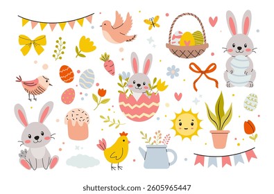 Colorful Easter-themed illustrations featuring bunnies, flowers, and festive decorations surrounded by cheerful symbols of spring