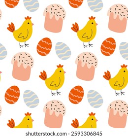 Colorful Easter-themed pattern featuring cute chicks, decorative eggs, and sweet treats in a playful arrangement