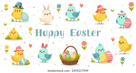 A colorful Easter-themed vector illustration with cute chicks, birds, a rabbit, Easter eggs, and flowers on a dotted background. Vector illustration