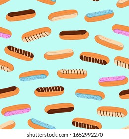 Colorful eclairs pattern for textile, fabric, wrapping. Delicious sweets pattern. Baked sweets background. Seamless eclairs pattern