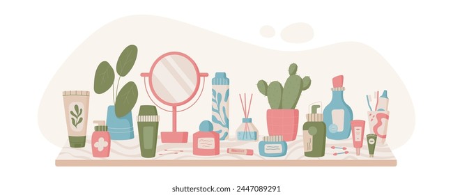 Composición de productos de belleza ecológica colorida, tarro y loción de aceite de cuidado de la piel hidratante plana, paquete de maquillaje de moda de dibujos animados establecido en el estante, tubo de crema cosmética orgánica de moda con plantas y espejo.