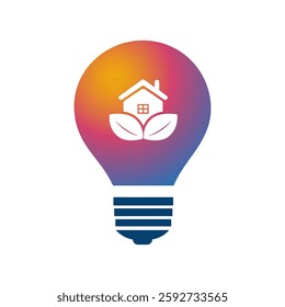 Colorful Eco Energy, Electric Power Solution Concept Icon Design - Smart Home, House and Leaves Inside a Light Bulb - Vector Clip-Art Template Isolated on White Background