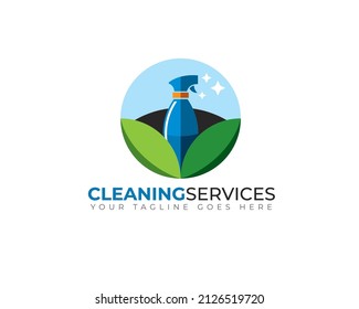 colorido logo de los servicios de limpieza ecológicos respetuosos con el medio ambiente con botellas de pulverización y hojas	