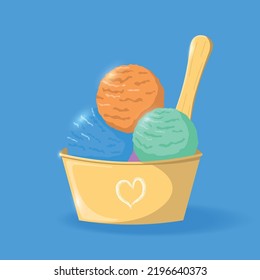 Colorful Eco Ice Cream in paper cup with wooden spoon