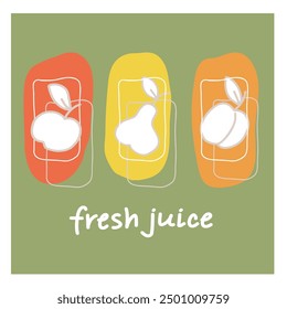Colorful eco stickers featuring fresh juice illustrations with fruits on a pastel background