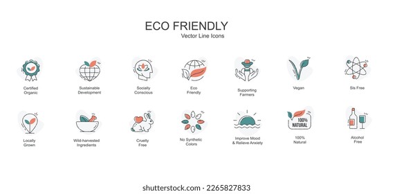 Colorful Eco-Friendly vector Line Icons with editable strokes, Minimalist black and white Icons Packaging, Natural Cosmetics Symbols Vector Icons