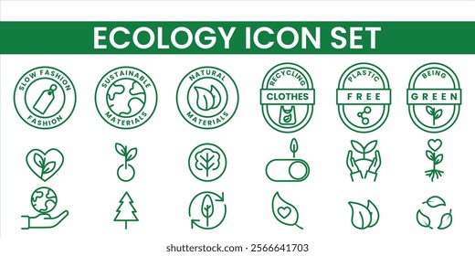 Colorful ecology icon set with renewable energy, recycling, and green nature symbols. Great for eco-conscious projects, sustainability efforts, and environmental-themed visuals.