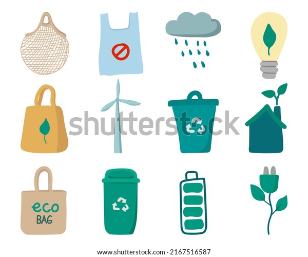 Colorful ecology illustration set. Colorful doodle\
eco illustrations collection. Ecology icon set. Eco illustrations\
set