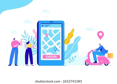 Colorful ecommerce concept with smartphone map and courier on scooter, promoting modern delivery service. Great for banners and digital product pages.