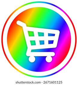 Icono colorido del comercio electrónico en formato del Vector: símbolo blanco del Carrito de compras en un círculo vibrante del gradiente del arco iris con el contorno rojo. Ideal para tienda en línea, interfaz de usuario del App o imágenes de marketing digital.