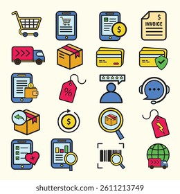 Colorful E-Commerce and Online Shopping Icons Set - Payment, Delivery, Mobile App, Cart, Invoice, and Business Elements for Digital Marketing and Web Use