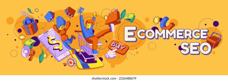 Colorida plantilla de banner SEO de ecommerce. Ilustración vectorial contemporánea de emocionados compradores hombres y mujeres disfrutando de compras en línea con smartphone y bolsas en las manos. Diseño de diseño de marketing creativo