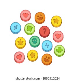 Colorful Ecstasy Pills Vector Illustration Isolated On White Background. Illegal Dark Net Drugs Market Concept In Cartoon Style