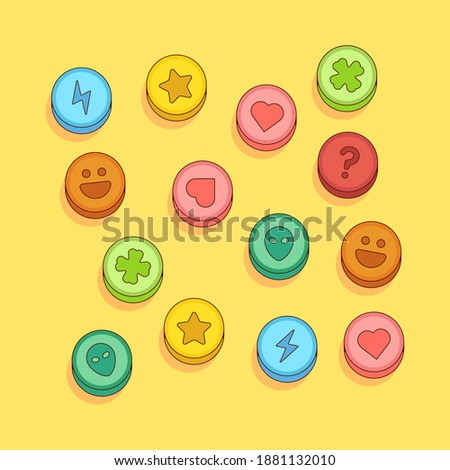 Colorful ecstasy pills vector illustration isolated on yellow background. Illegal dark net drugs market concept in cartoon style