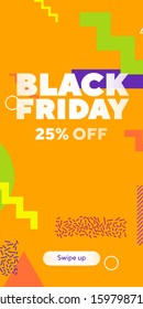Colorful edgy shapes for social media story promo. Black Friday geometric figures, sharp forms. Electric orange background, white text. Template for social media story, flyer or banner. Vector
