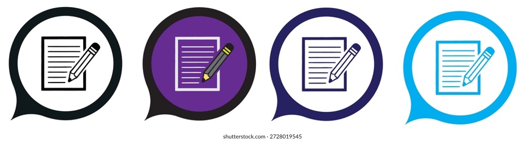 Colorido conjunto de iconos de edición: documento y lápiz en Formas de burbujas de discurso para la creación de contenido