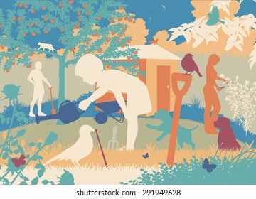 Colorful editable vector cutout illustration of a family gardening with puppies and wildlife