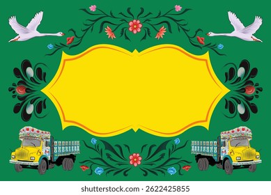 Quadros coloridos vetoriais editáveis inspirados na arte de caminhões de Bangladesh. Apresenta gansos voadores, desenhos folclóricos florais e caminhões decorativos. Perfeito para cartaz étnico, espaço de texto ou uso de convites. Editável 