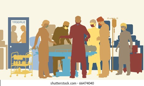 Colorful editable vector illustration of surgery in an operating theater