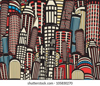 Colorful editable vector illustration of tall city buildings
