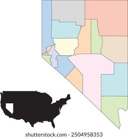 Colorful editable vector map of Nevada, showing the boundaries of its counties.