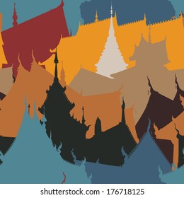 Colorful editable vector seamless tile of Buddhist temple buildings